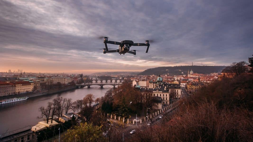 Drone flying over Prague city