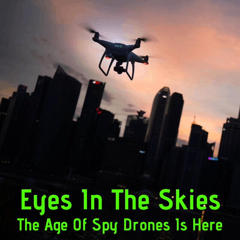 A spy drone flying over a city