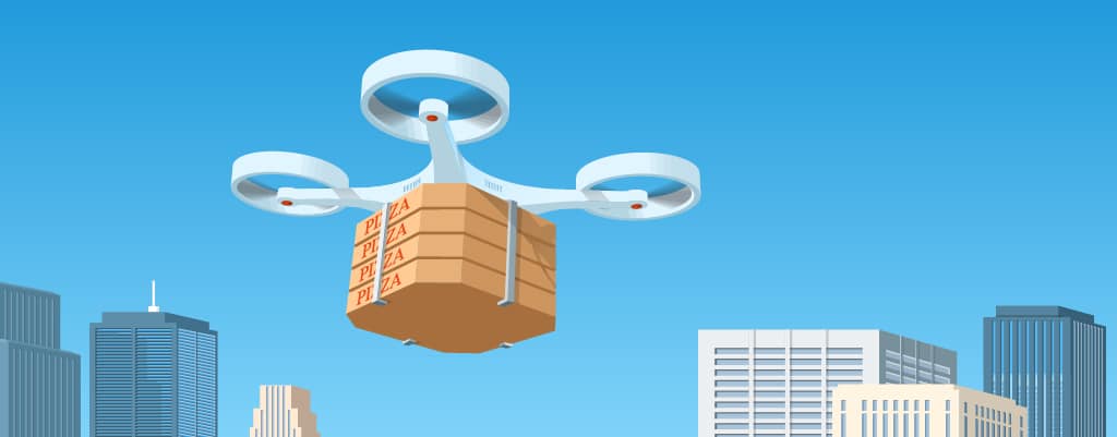 drone delivering pizzas over a city drawing