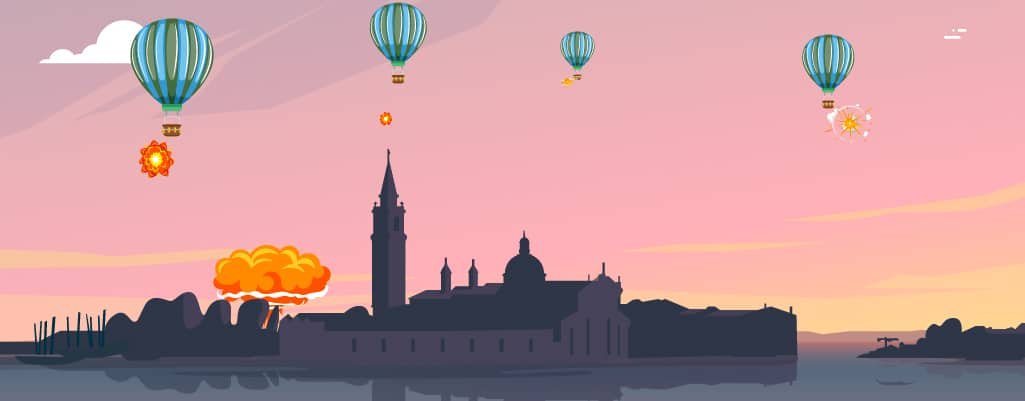 drawing of hot air balloons dropping bombs on a city with pink skies